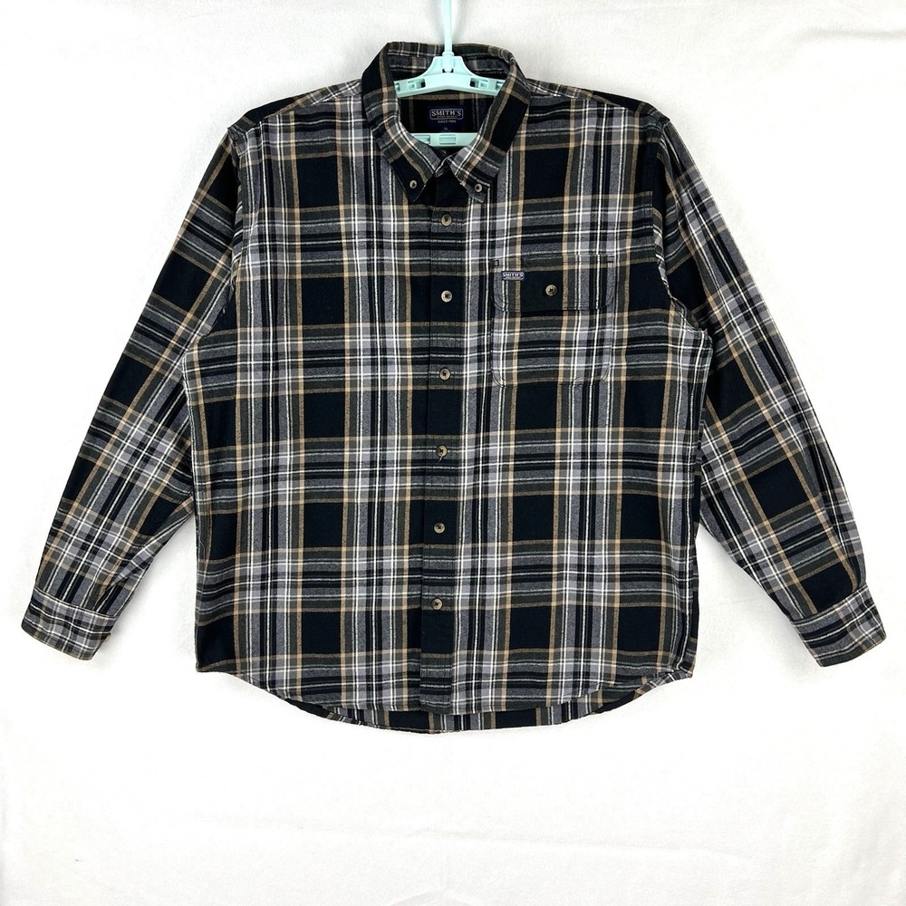 Smith's Work Wear Men's Long Sleeve Black Tan‎ Plaid Shirt Size XL